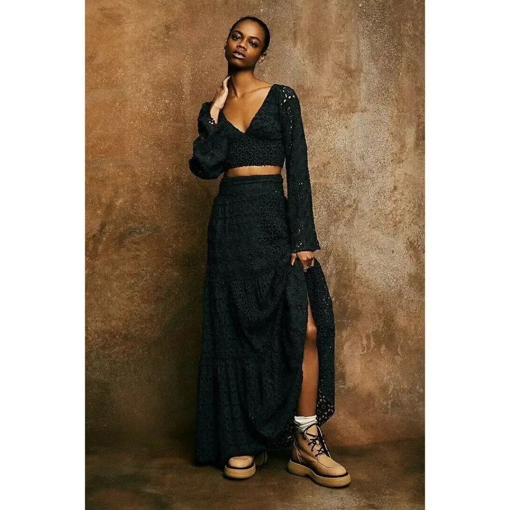 NEW FREE PEOPLE FP ONE Sz M YESENIA SMOCKED EYELET CROCHET LACE MAXI SKIRT